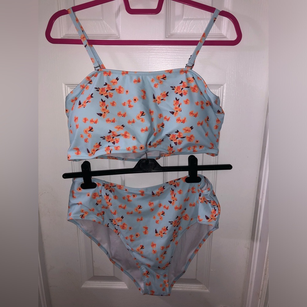 Shein NEW Plus Blue w/Orange Floral Bathing Suit Set 3XL